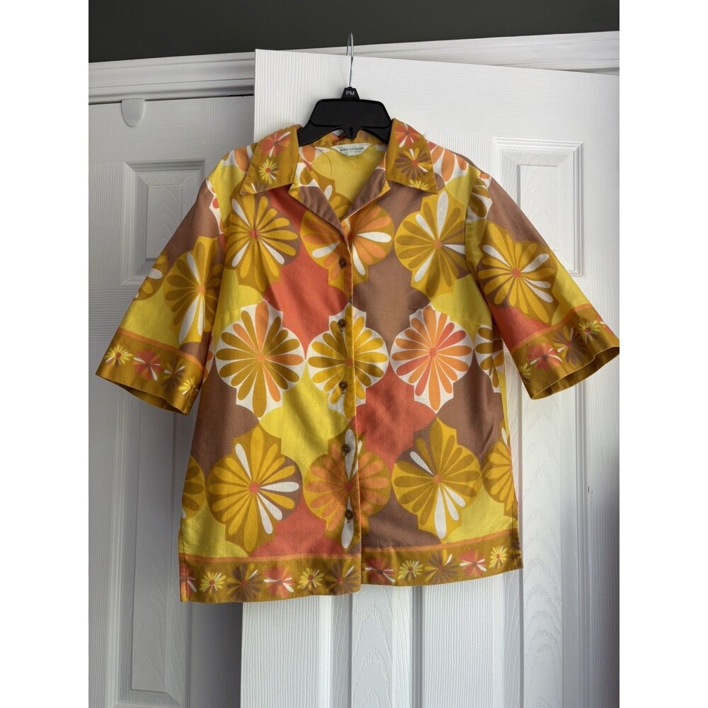 ALEX COLMAN Vintage 60s/70s Women's Psychedelic Print Blouse Shirt Orange S/M